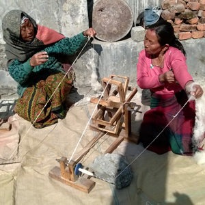 Women hand spinning wool after it has been washed. (Nepal) 