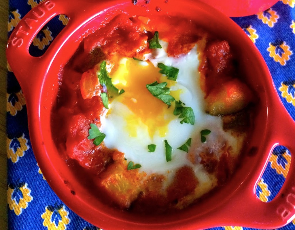 Baked Eggs over Pisto with Chorizo and Manchego