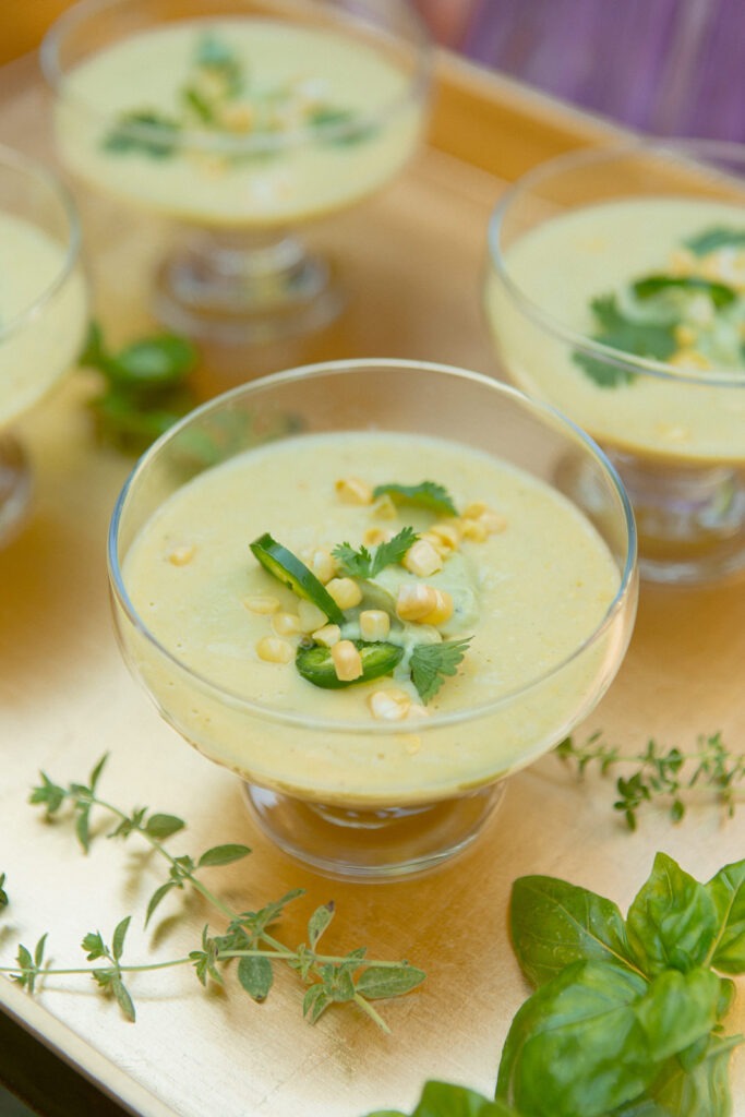 Sweet Corn Soup with Avocado Cream and Cilantro