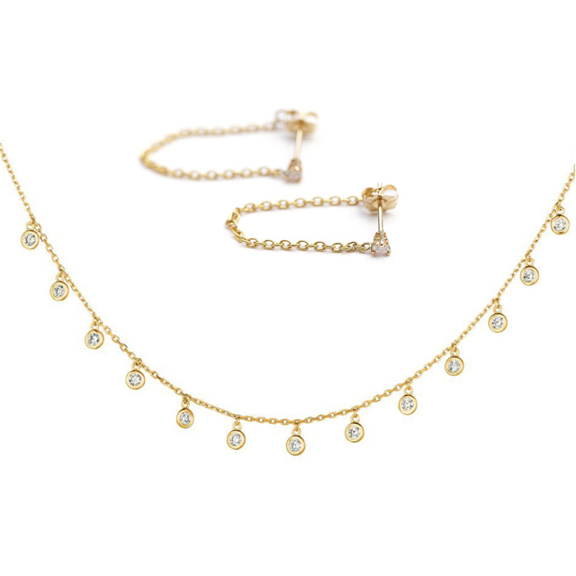 Henri Noel Diamond Chain Earrings and Diamond Drop Station Necklace 