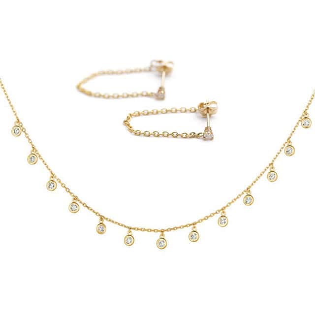 Henri Noel Diamond Chain Earrings and Diamond Drop Station Necklace