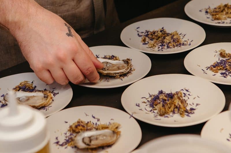 Raw Oysters on the Half Shell with Cucumber Mignonette and Champagne Strawberry Mignonette