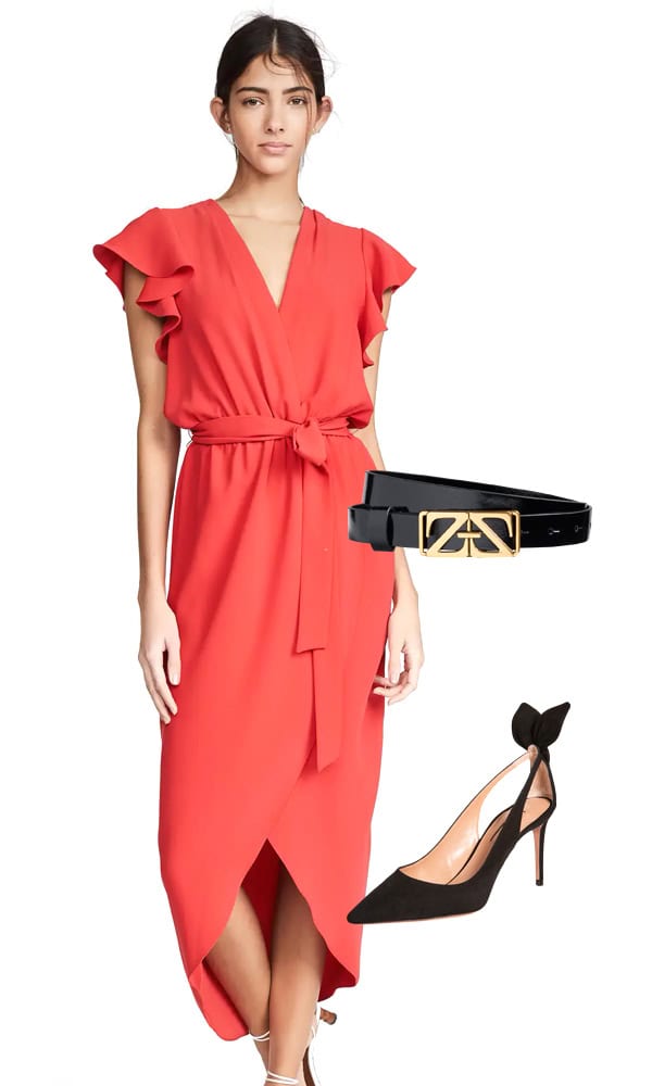 festive look with belted dress and Aquazzura pumps