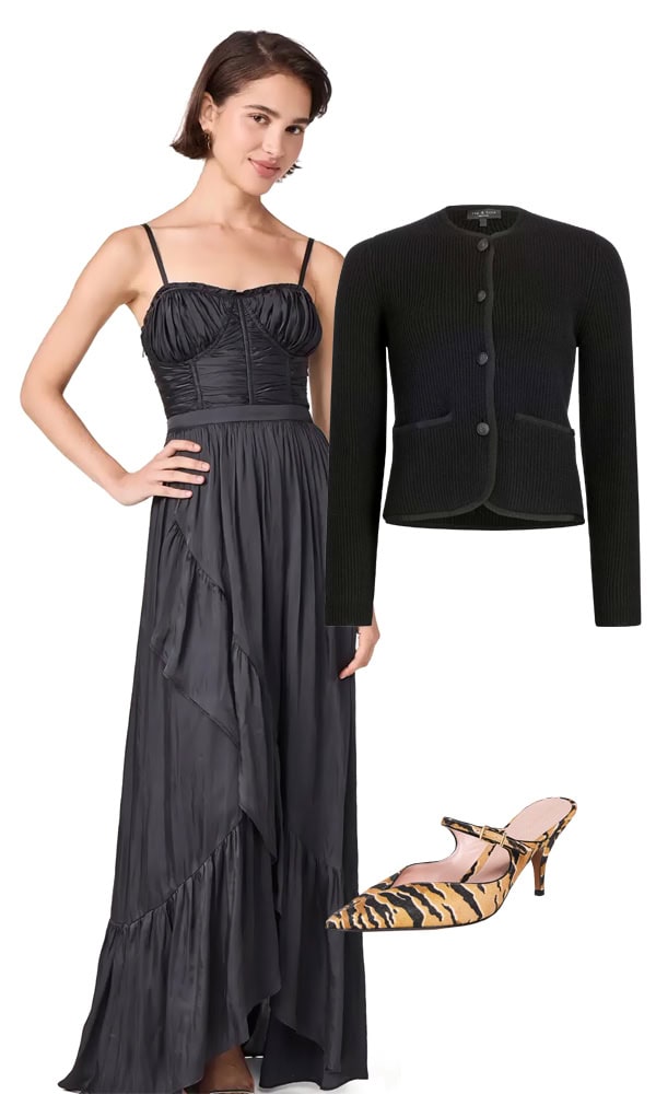 festive look with maxi dress and cardigan